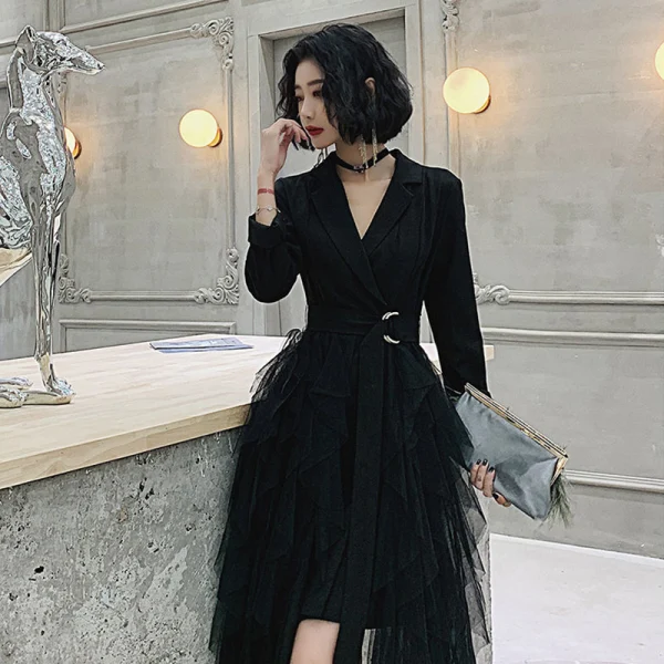 Chic / Beautiful Black Homecoming Graduation Dresses 2021 A-Line / Princess V-Neck 3/4 Sleeve Tea-length Cascading Ruffles Formal Dresses
