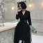 Chic / Beautiful Black Homecoming Graduation Dresses 2021 A-Line / Princess V-Neck 3/4 Sleeve Tea-length Cascading Ruffles Formal Dresses