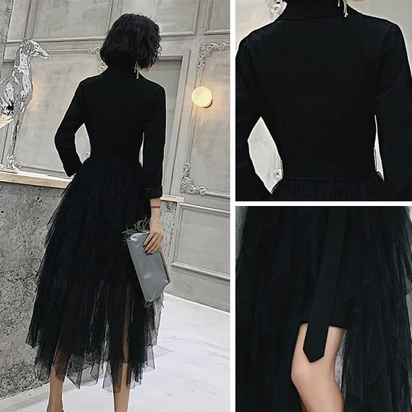Chic / Beautiful Black Homecoming Graduation Dresses 2021 A-Line / Princess V-Neck 3/4 Sleeve Tea-length Cascading Ruffles Formal Dresses
