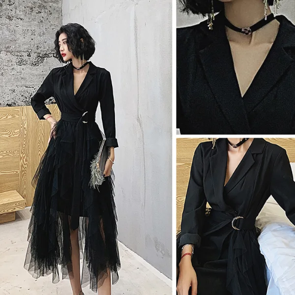 Chic / Beautiful Black Homecoming Graduation Dresses 2021 A-Line / Princess V-Neck 3/4 Sleeve Tea-length Cascading Ruffles Formal Dresses