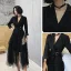 Chic / Beautiful Black Homecoming Graduation Dresses 2021 A-Line / Princess V-Neck 3/4 Sleeve Tea-length Cascading Ruffles Formal Dresses
