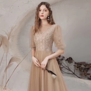 Vintage Retro Champagne See Through Dancing Prom Dresses 2021 A Line Princess High Neck 1 2 Sleeves Appliques Lace Beading Floor Length Long Ruffle Backless