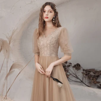 Vintage Originale Champagne Transparentes Dansant Robe De Bal 2021 Princesse Col Haut 1 2 Manches Appliques En Dentelle Perlage Longue Volants Dos Nu