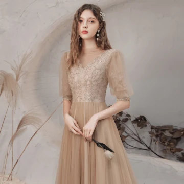 Vintage Retro Champagne See Through Dancing Prom Dresses 2021 A Line Princess High Neck 1 2 Sleeves Appliques Lace Beading Floor Length Long Ruffle Backless