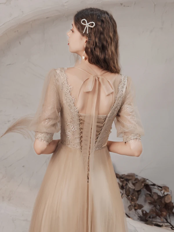 Vintage / Retro Champagne See-through Dancing Prom Dresses 2021 A-Line / Princess High Neck 1/2 Sleeves Appliques Lace Beading Floor-Length / Long Ruffle Backless