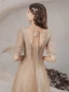 Vintage / Retro Champagne See-through Dancing Prom Dresses 2021 A-Line / Princess High Neck 1/2 Sleeves Appliques Lace Beading Floor-Length / Long Ruffle Backless