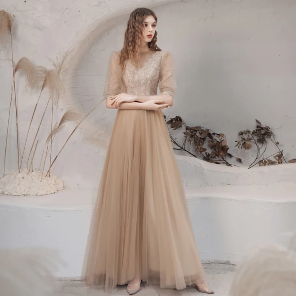 Vintage / Retro Champagne See-through Dancing Prom Dresses 2021 A-Line / Princess High Neck 1/2 Sleeves Appliques Lace Beading Floor-Length / Long Ruffle Backless