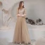 Vintage / Retro Champagne See-through Dancing Prom Dresses 2021 A-Line / Princess High Neck 1/2 Sleeves Appliques Lace Beading Floor-Length / Long Ruffle Backless