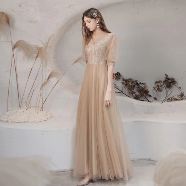 Vintage / Retro Champagne See-through Dancing Prom Dresses 2021 A-Line / Princess High Neck 1/2 Sleeves Appliques Lace Beading Floor-Length / Long Ruffle Backless