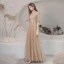 Vintage / Retro Champagne See-through Dancing Prom Dresses 2021 A-Line / Princess High Neck 1/2 Sleeves Appliques Lace Beading Floor-Length / Long Ruffle Backless