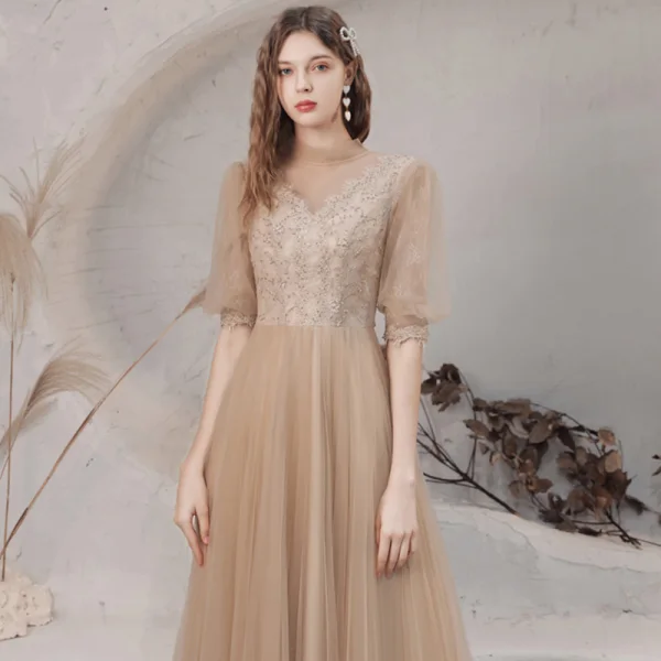 Vintage / Retro Champagne See-through Dancing Prom Dresses 2021 A-Line / Princess High Neck 1/2 Sleeves Appliques Lace Beading Floor-Length / Long Ruffle Backless