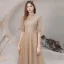 Vintage / Retro Champagne See-through Dancing Prom Dresses 2021 A-Line / Princess High Neck 1/2 Sleeves Appliques Lace Beading Floor-Length / Long Ruffle Backless