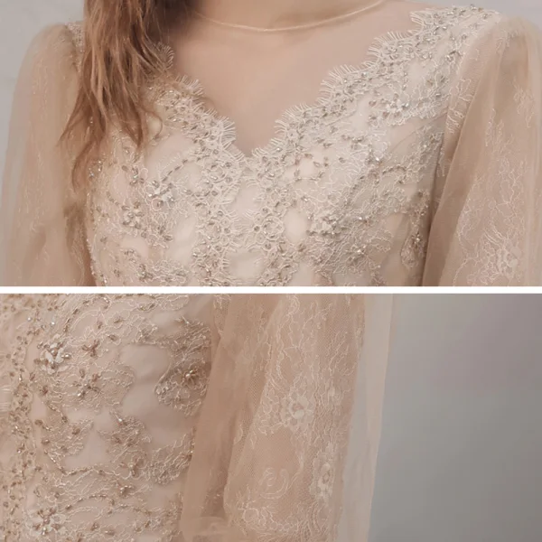 Vintage / Retro Champagne See-through Dancing Prom Dresses 2021 A-Line / Princess High Neck 1/2 Sleeves Appliques Lace Beading Floor-Length / Long Ruffle Backless