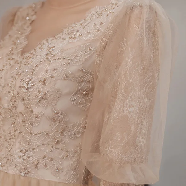 Vintage / Retro Champagne See-through Dancing Prom Dresses 2021 A-Line / Princess High Neck 1/2 Sleeves Appliques Lace Beading Floor-Length / Long Ruffle Backless