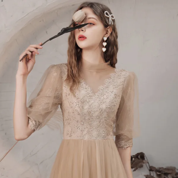 Vintage / Retro Champagne See-through Dancing Prom Dresses 2021 A-Line / Princess High Neck 1/2 Sleeves Appliques Lace Beading Floor-Length / Long Ruffle Backless