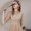 Vintage / Retro Champagne See-through Dancing Prom Dresses 2021 A-Line / Princess High Neck 1/2 Sleeves Appliques Lace Beading Floor-Length / Long Ruffle Backless