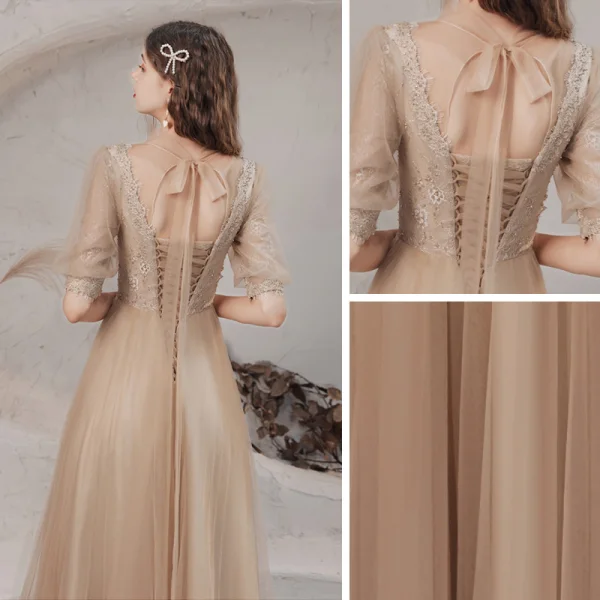 Vintage / Retro Champagne See-through Dancing Prom Dresses 2021 A-Line / Princess High Neck 1/2 Sleeves Appliques Lace Beading Floor-Length / Long Ruffle Backless