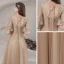 Vintage / Retro Champagne See-through Dancing Prom Dresses 2021 A-Line / Princess High Neck 1/2 Sleeves Appliques Lace Beading Floor-Length / Long Ruffle Backless