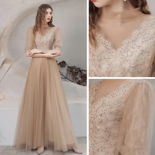 Vintage / Retro Champagne See-through Dancing Prom Dresses 2021 A-Line / Princess High Neck 1/2 Sleeves Appliques Lace Beading Floor-Length / Long Ruffle Backless