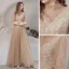 Vintage / Retro Champagne See-through Dancing Prom Dresses 2021 A-Line / Princess High Neck 1/2 Sleeves Appliques Lace Beading Floor-Length / Long Ruffle Backless