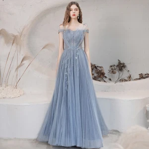 Elegant Hav Blå Dancing Ballkjoler 2021 Prinsesse Spaghettistropper Korte Ermer Appliques Blonder Beading Paljetter Glitter Tyll Lange Plissert Ryggløse Formelle Kjoler