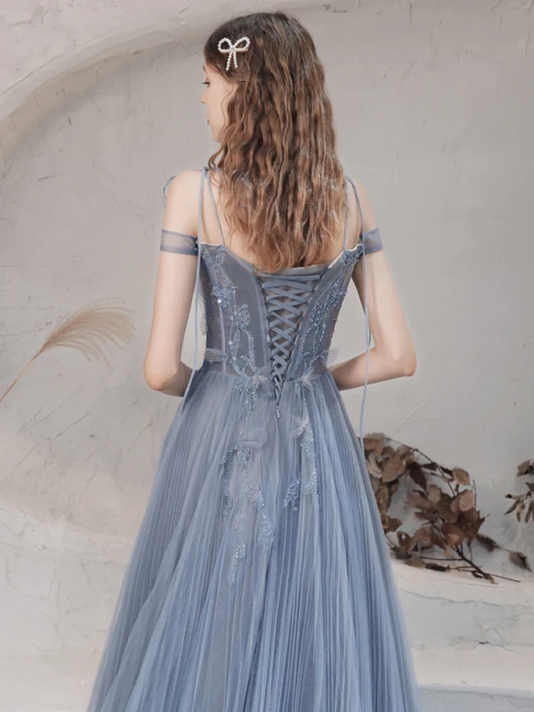Élégant Océan Bleu Dansant Robe De Bal 2021 Princesse Bretelles Spaghetti Manches Courtes Appliques En Dentelle Perlage Paillettes Glitter Tulle Longue Plissée Dos Nu Robe De Ceremonie
