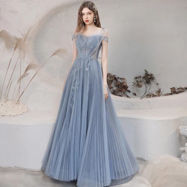 Élégant Océan Bleu Dansant Robe De Bal 2021 Princesse Bretelles Spaghetti Manches Courtes Appliques En Dentelle Perlage Paillettes Glitter Tulle Longue Plissée Dos Nu Robe De Ceremonie