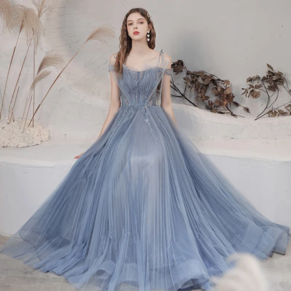 Élégant Océan Bleu Dansant Robe De Bal 2021 Princesse Bretelles Spaghetti Manches Courtes Appliques En Dentelle Perlage Paillettes Glitter Tulle Longue Plissée Dos Nu Robe De Ceremonie