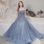 Élégant Océan Bleu Dansant Robe De Bal 2021 Princesse Bretelles Spaghetti Manches Courtes Appliques En Dentelle Perlage Paillettes Glitter Tulle Longue Plissée Dos Nu Robe De Ceremonie