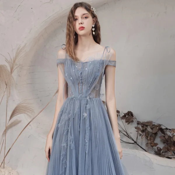 Élégant Océan Bleu Dansant Robe De Bal 2021 Princesse Bretelles Spaghetti Manches Courtes Appliques En Dentelle Perlage Paillettes Glitter Tulle Longue Plissée Dos Nu Robe De Ceremonie