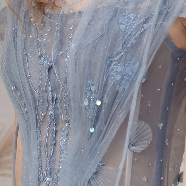 Élégant Océan Bleu Dansant Robe De Bal 2021 Princesse Bretelles Spaghetti Manches Courtes Appliques En Dentelle Perlage Paillettes Glitter Tulle Longue Plissée Dos Nu Robe De Ceremonie