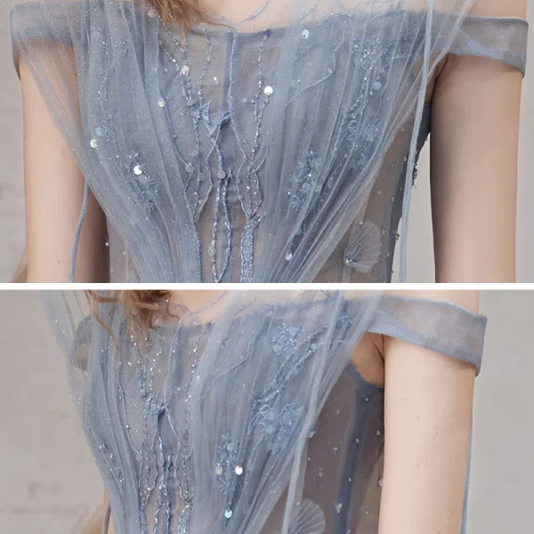 Élégant Océan Bleu Dansant Robe De Bal 2021 Princesse Bretelles Spaghetti Manches Courtes Appliques En Dentelle Perlage Paillettes Glitter Tulle Longue Plissée Dos Nu Robe De Ceremonie