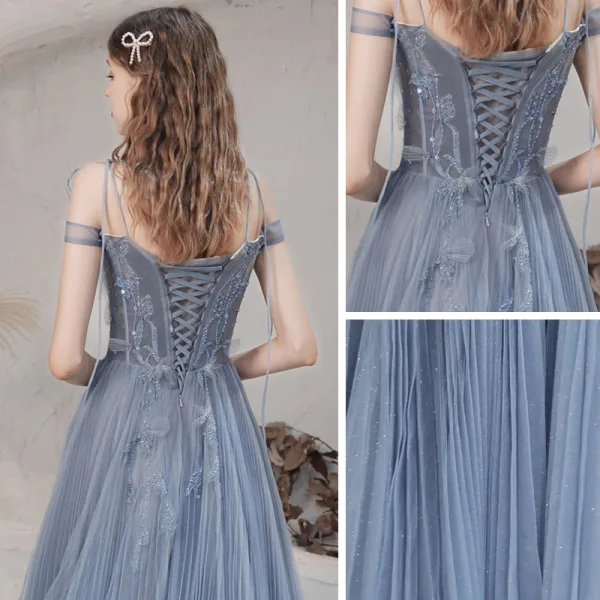 Élégant Océan Bleu Dansant Robe De Bal 2021 Princesse Bretelles Spaghetti Manches Courtes Appliques En Dentelle Perlage Paillettes Glitter Tulle Longue Plissée Dos Nu Robe De Ceremonie