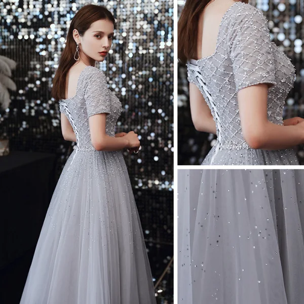 Haut de Gamme Gris Dansant Robe De Bal 2021 Princesse Encolure Carrée Manches Courtes Perlage Paillettes Longue Volants Dos Nu Robe De Ceremonie