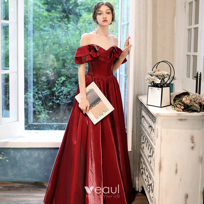 open lace back dress Modest Burgundy Tulle Prom Dresses with Lace Sleeves main image 0