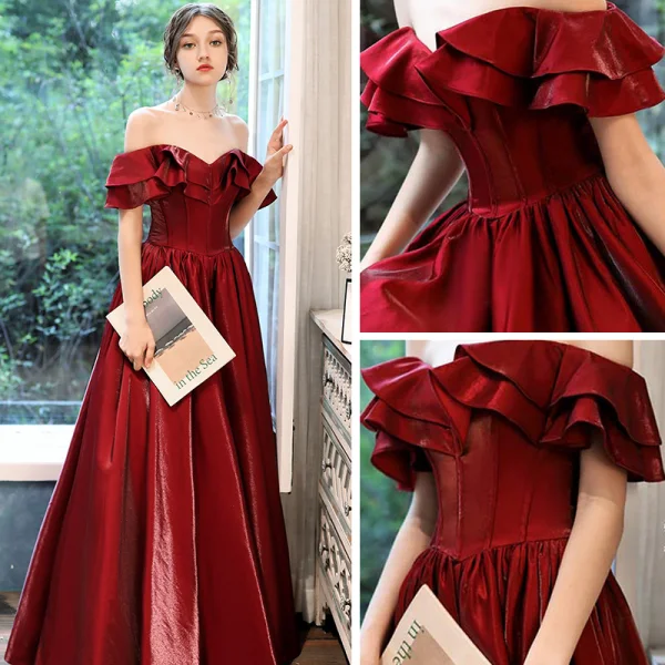 Modest / Simple Burgundy Dancing Prom Dresses 2021 A-Line / Princess Off-The-Shoulder Short Sleeve Floor-Length / Long Ruffle Backless Formal Dresses