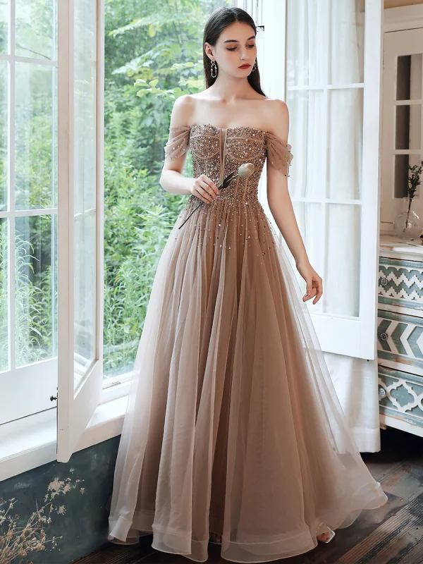 Haut de Gamme Marron Dansant Robe De Bal 2021 Princesse De l'épaule Manches Courtes Perlage Paillettes Longue Volants Dos Nu Robe De Ceremonie
