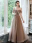 Haut de Gamme Marron Dansant Robe De Bal 2021 Princesse De l'épaule Manches Courtes Perlage Paillettes Longue Volants Dos Nu Robe De Ceremonie