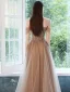 Haut de Gamme Marron Dansant Robe De Bal 2021 Princesse De l'épaule Manches Courtes Perlage Paillettes Longue Volants Dos Nu Robe De Ceremonie