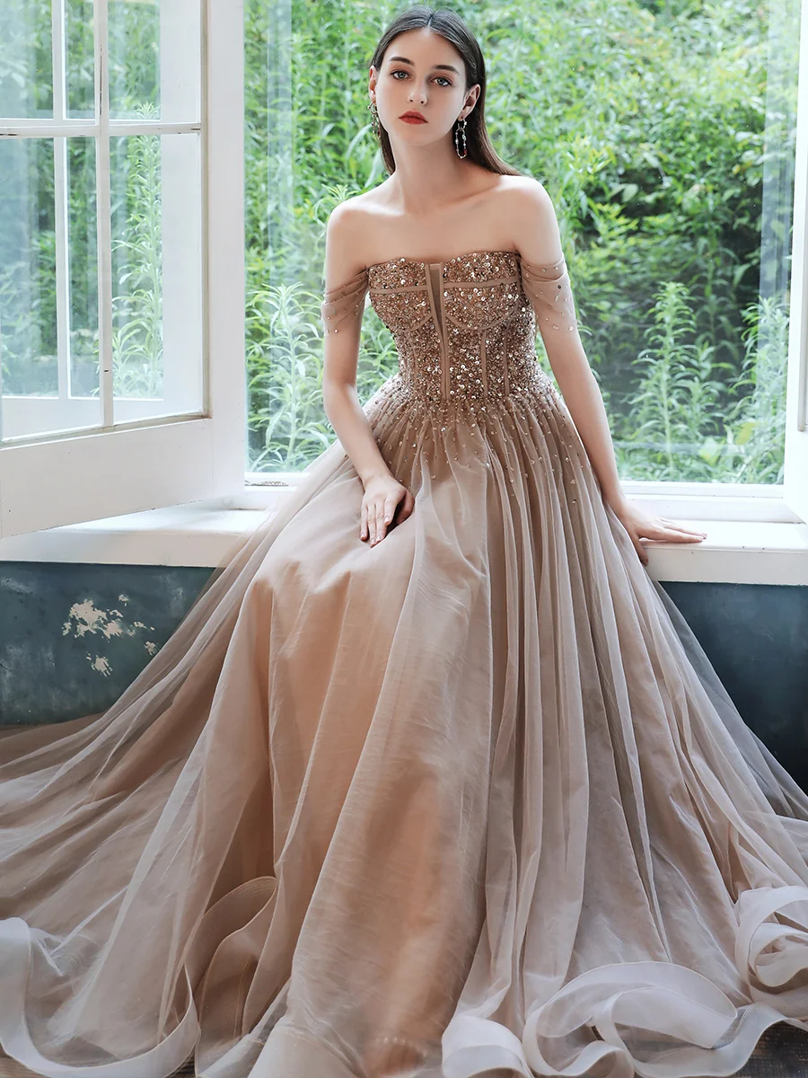 High-End Brown Dancing Prom Dresses 2021 A-Line Princess Off-The-Shoulder Short Sleeve
