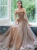 High-end Brown Dancing Prom Dresses 2021 A-Line / Princess Off-The-Shoulder Short Sleeve Beading Sequins Floor-Length / Long Ruffle Backless Formal Dresses