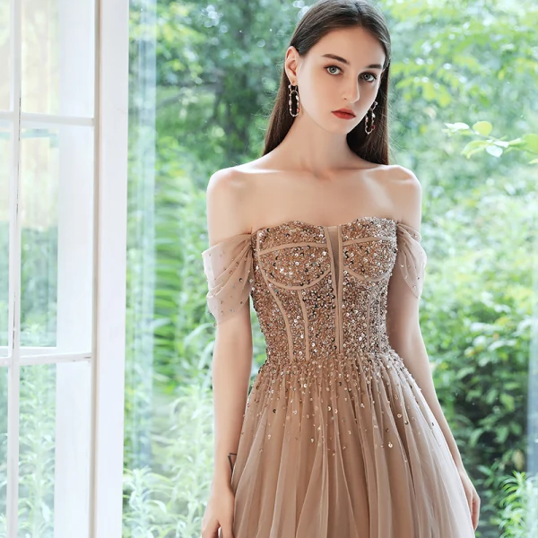 High-end Brown Dancing Prom Dresses 2021 A-Line Princess Off-The-Shoulder Short Sleeve