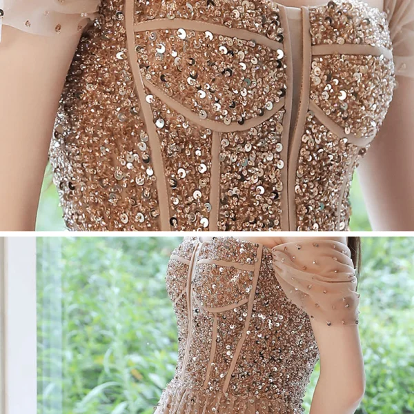 Haut de Gamme Marron Dansant Robe De Bal 2021 Princesse De l'épaule Manches Courtes Perlage Paillettes Longue Volants Dos Nu Robe De Ceremonie