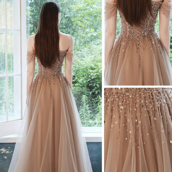 Haut de Gamme Marron Dansant Robe De Bal 2021 Princesse De l'épaule Manches Courtes Perlage Paillettes Longue Volants Dos Nu Robe De Ceremonie