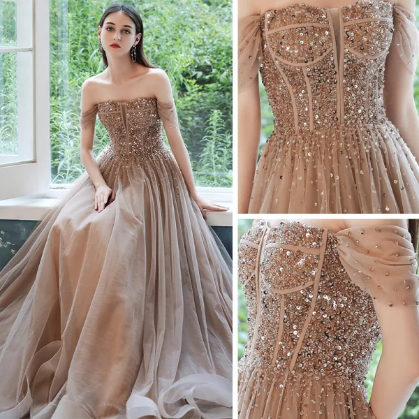 Haut de Gamme Marron Dansant Robe De Bal 2021 Princesse De l'épaule Manches Courtes Perlage Paillettes Longue Volants Dos Nu Robe De Ceremonie