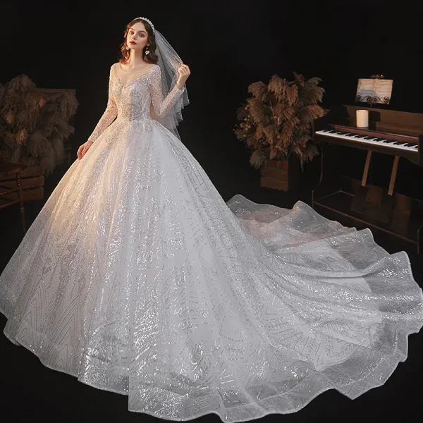 Sparkly Ivory See-through Bridal Wedding Dresses 2021 Ball Gown Scoop Neck Long Sleeve Backless Beading Sequins Cathedral Train Ruffle