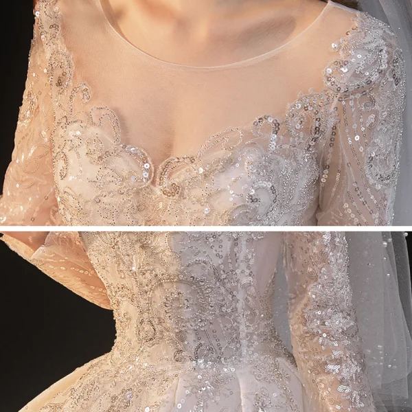 Sparkly Ivory See-through Bridal Wedding Dresses 2021 Ball Gown Scoop Neck Long Sleeve Backless Beading Sequins Cathedral Train Ruffle