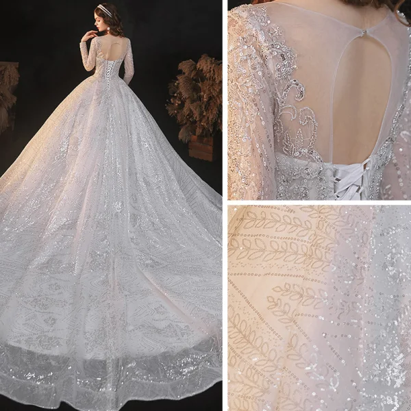 Sparkly Ivory See-through Bridal Wedding Dresses 2021 Ball Gown Scoop Neck Long Sleeve Backless Beading Sequins Cathedral Train Ruffle
