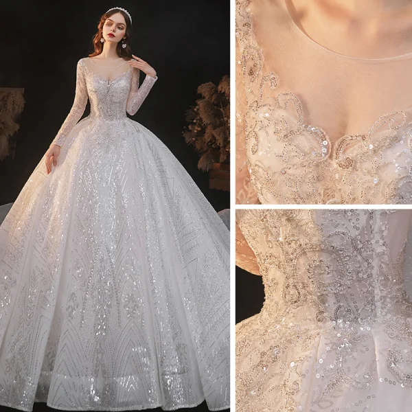 Sparkly Ivory See-through Bridal Wedding Dresses 2021 Ball Gown Scoop Neck Long Sleeve Backless Beading Sequins Cathedral Train Ruffle