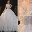 Sparkly Ivory See-through Bridal Wedding Dresses 2021 Ball Gown Scoop Neck Long Sleeve Backless Beading Sequins Cathedral Train Ruffle